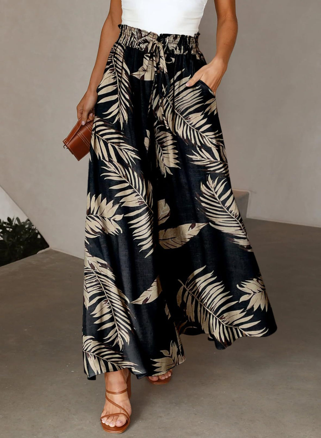Printed Wide Leg Palazzo Pants With Drawstring - Black_02 - 1