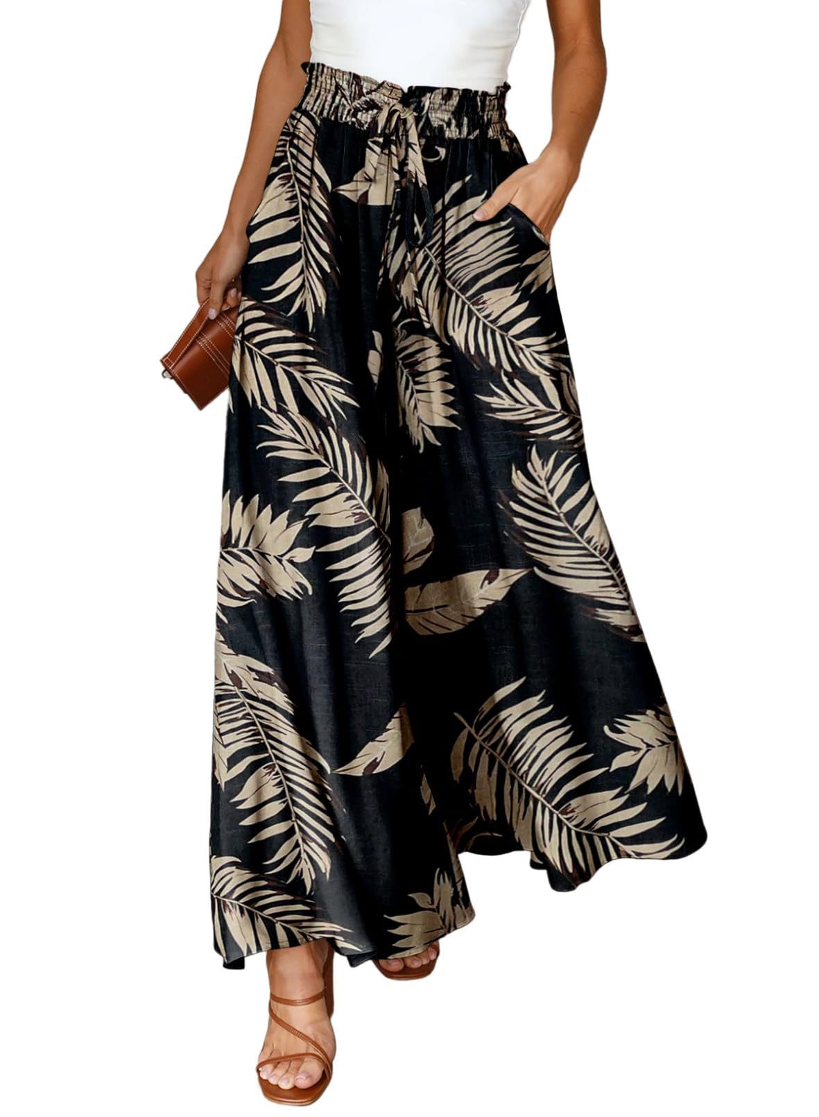 Printed Wide Leg Palazzo Pants With Drawstring - Black_02 - 2