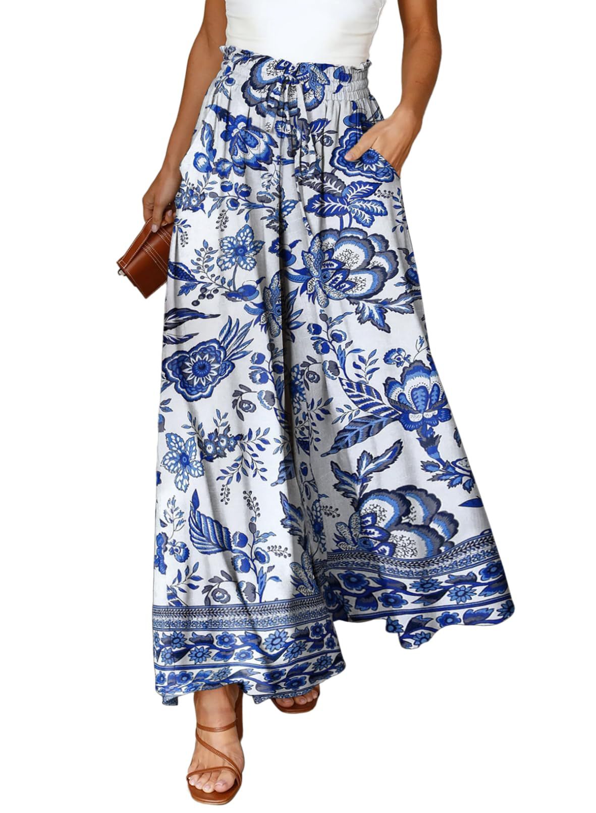 Printed Wide Leg Palazzo Pants With Drawstring - Blue - 1