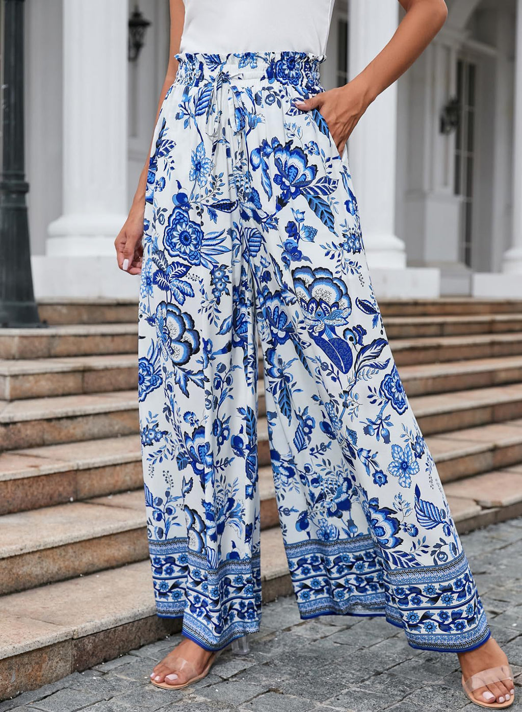 Printed Wide Leg Palazzo Pants With Drawstring - Blue - 2