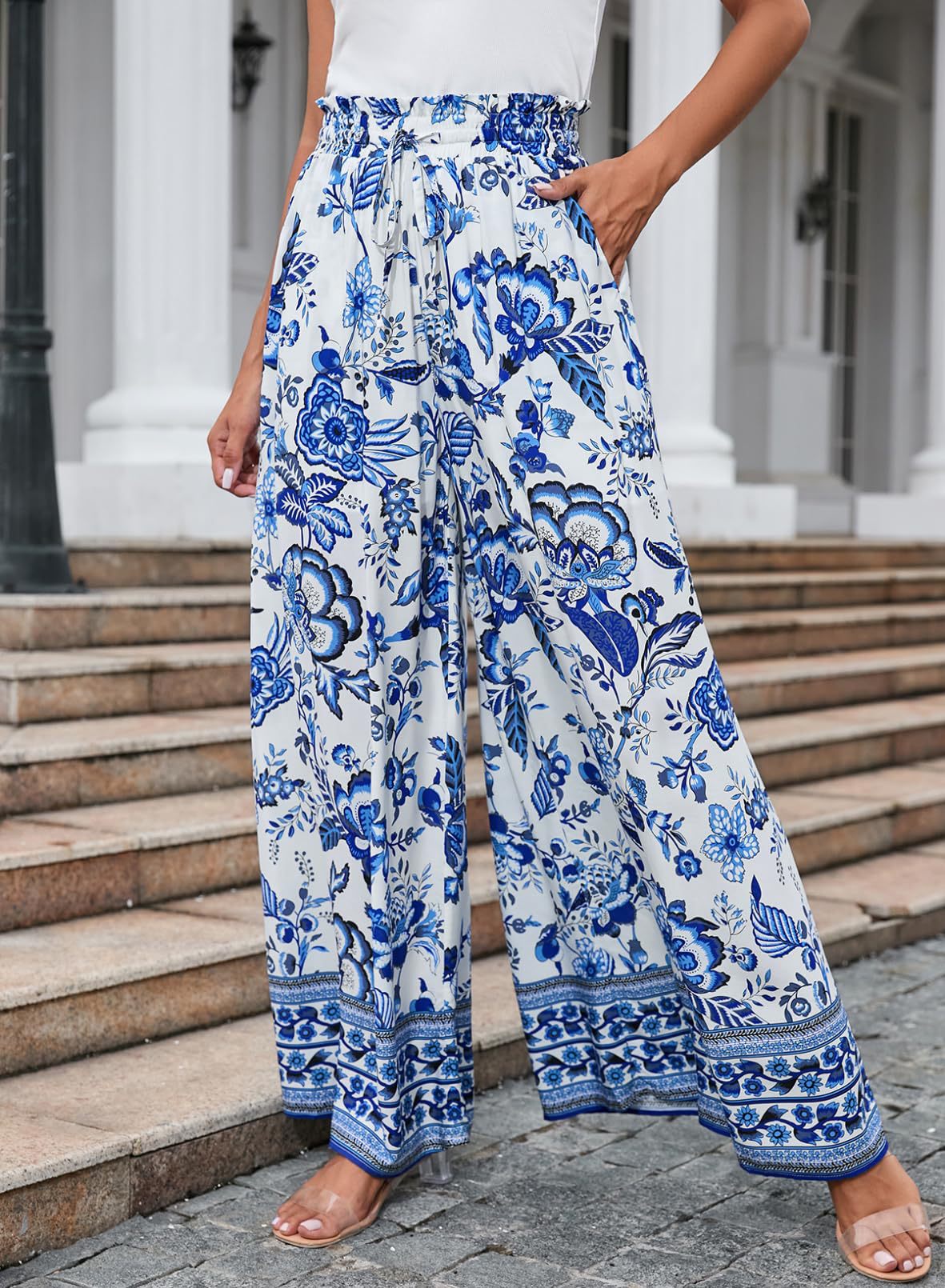 Printed Wide Leg Palazzo Pants With Drawstring - Blue - 2