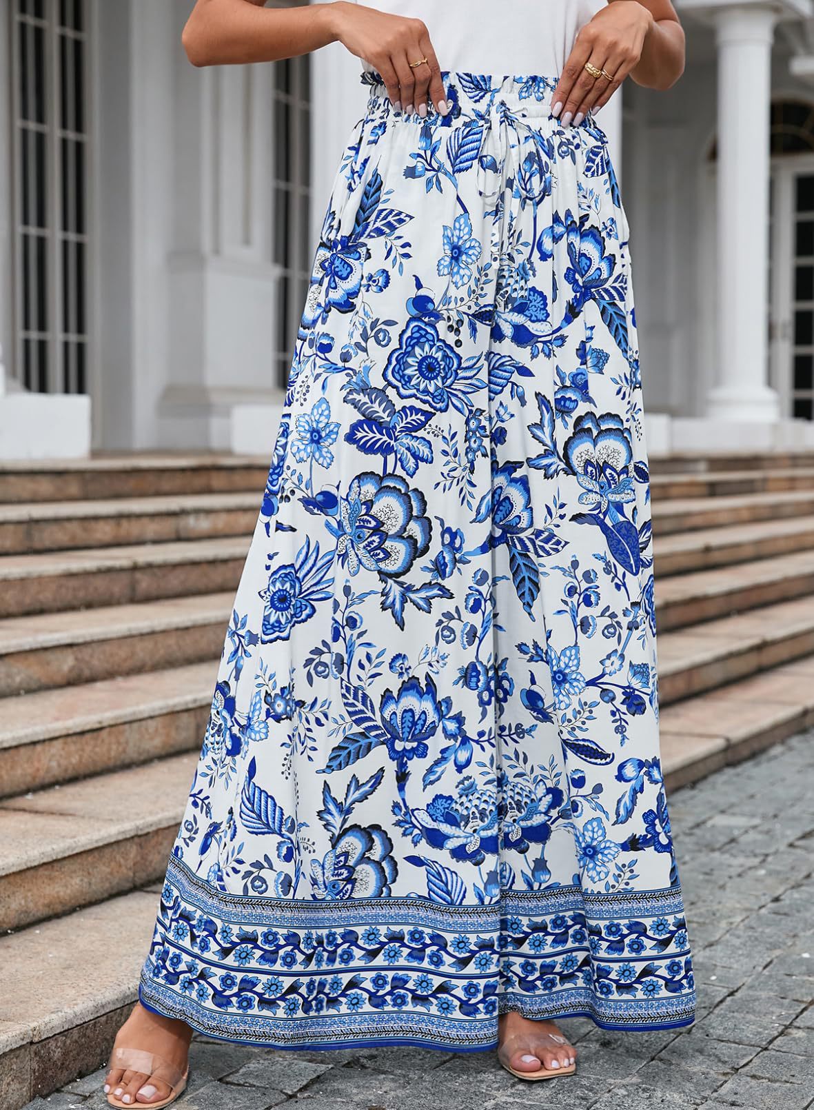Printed Wide Leg Palazzo Pants With Drawstring - Blue - 3