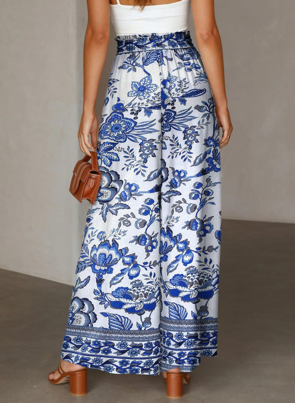 Printed Wide Leg Palazzo Pants With Drawstring - Blue - 4