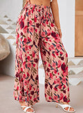 Printed Wide Leg Palazzo Pants With Drawstring - Red