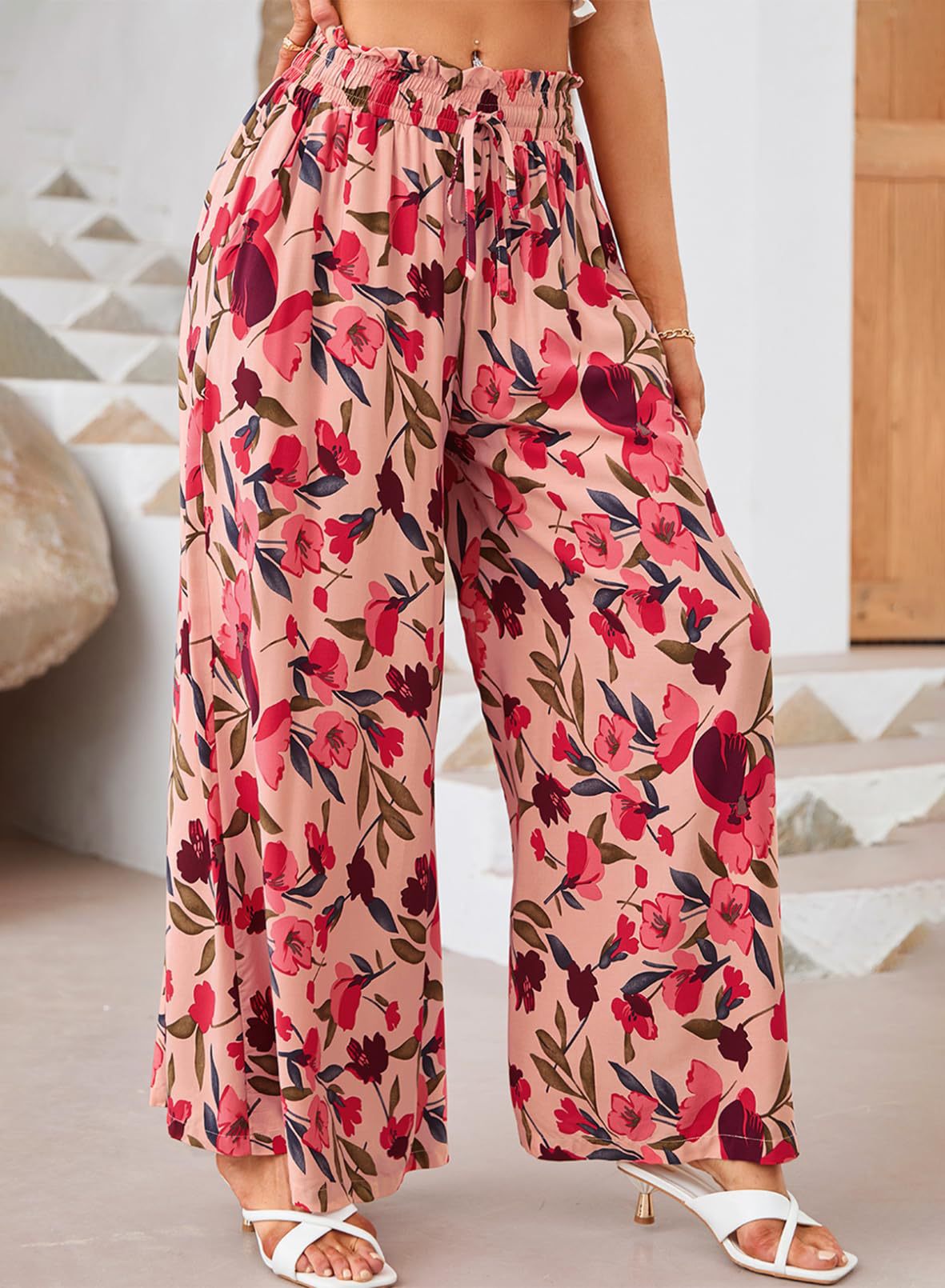 Printed Wide Leg Palazzo Pants With Drawstring - Red