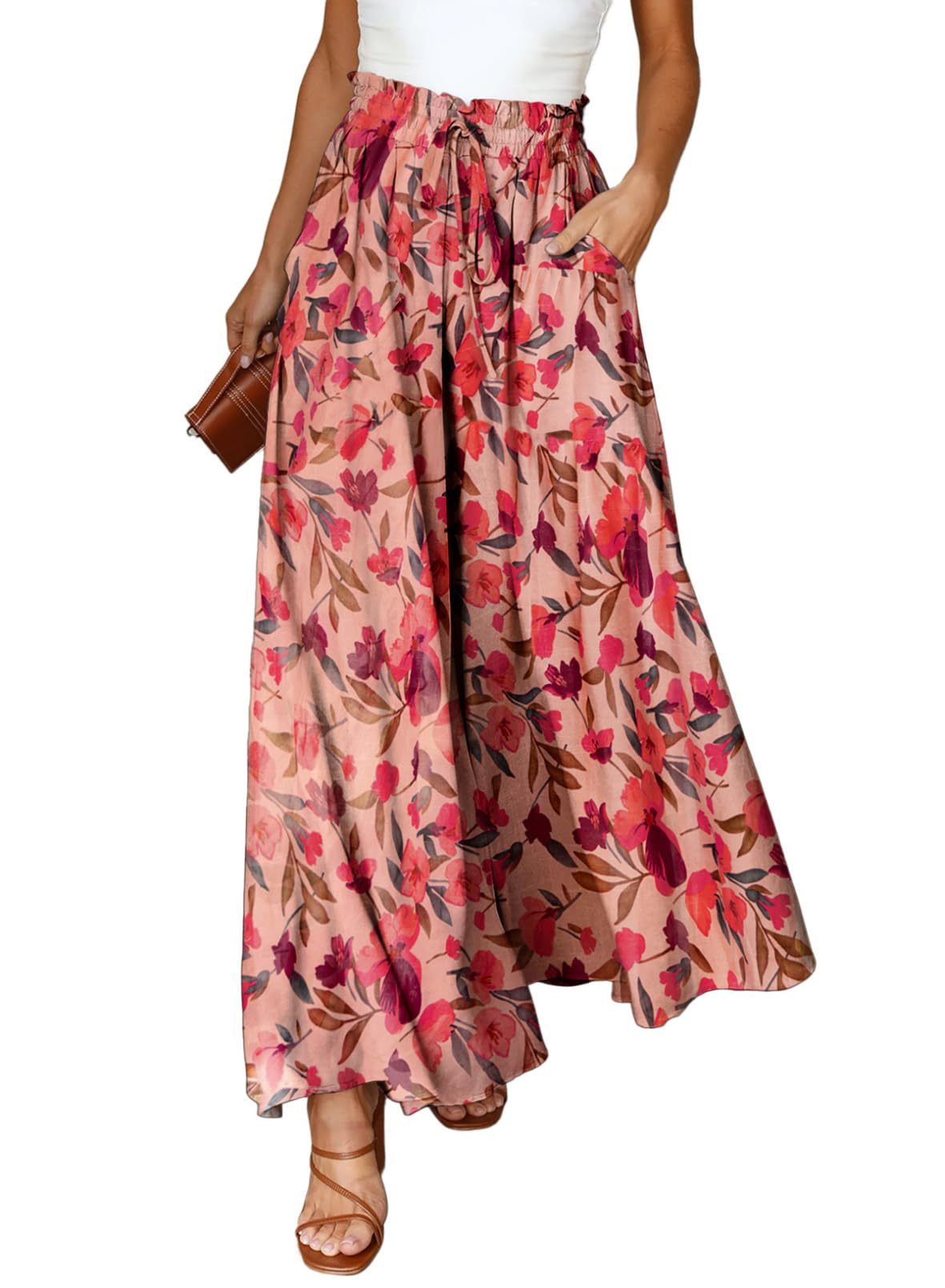 Printed Wide Leg Palazzo Pants With Drawstring - Red - 1