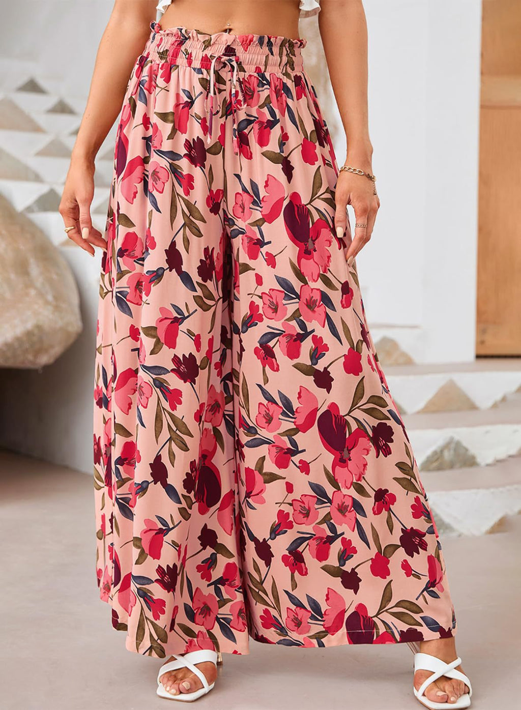 Printed Wide Leg Palazzo Pants With Drawstring - Red - 2