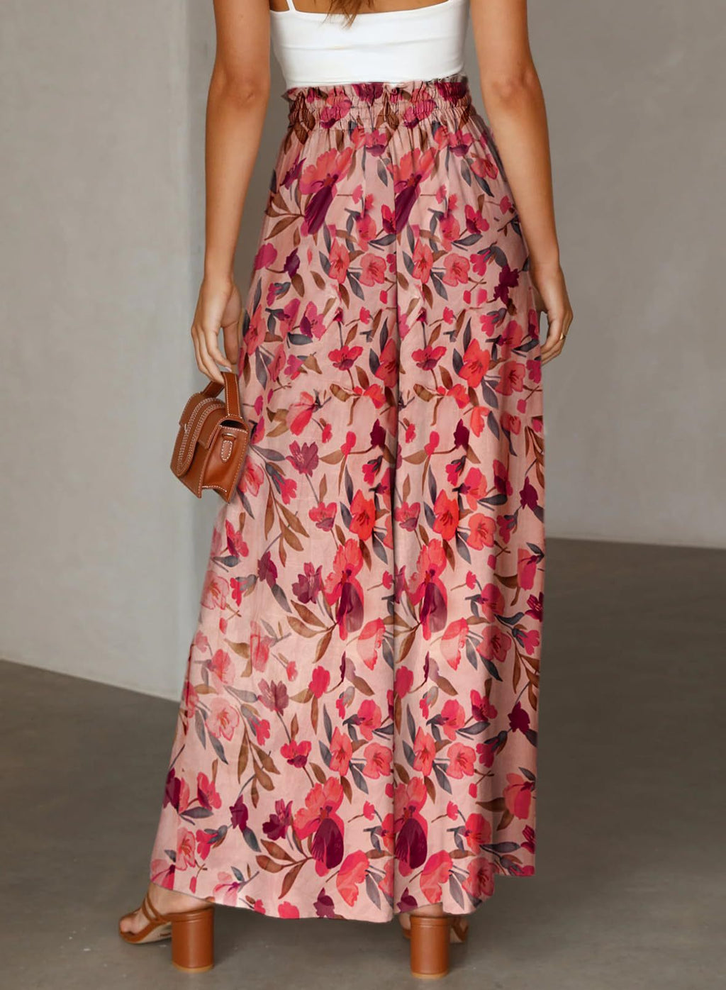 Printed Wide Leg Palazzo Pants With Drawstring - Red - 3