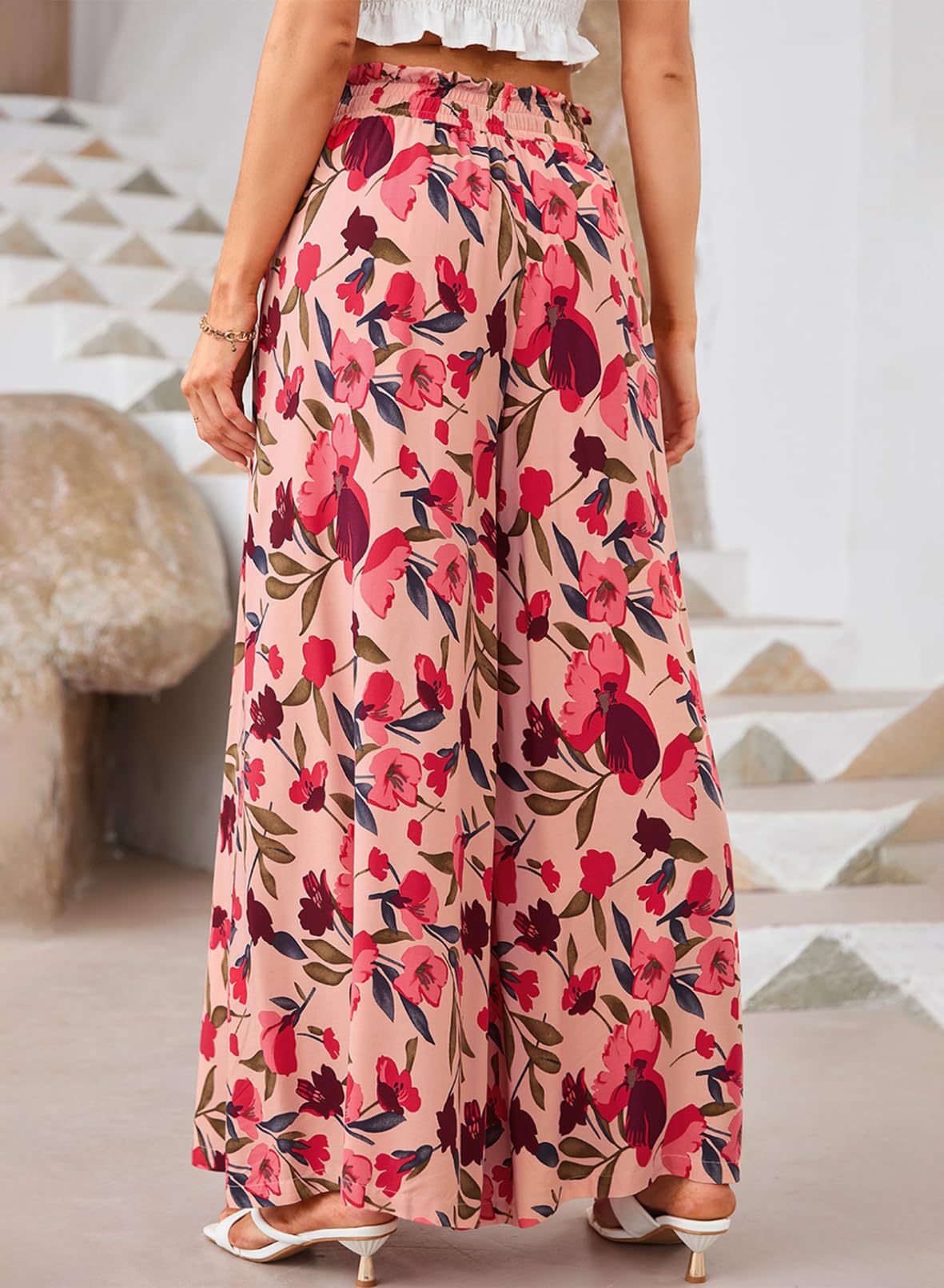 Printed Wide Leg Palazzo Pants With Drawstring - Red - 4