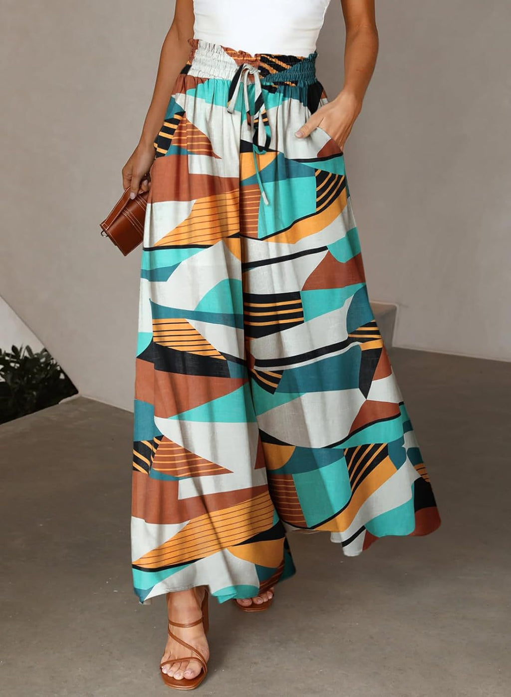 Printed Wide Leg Palazzo Pants With Drawstring - Turquoise