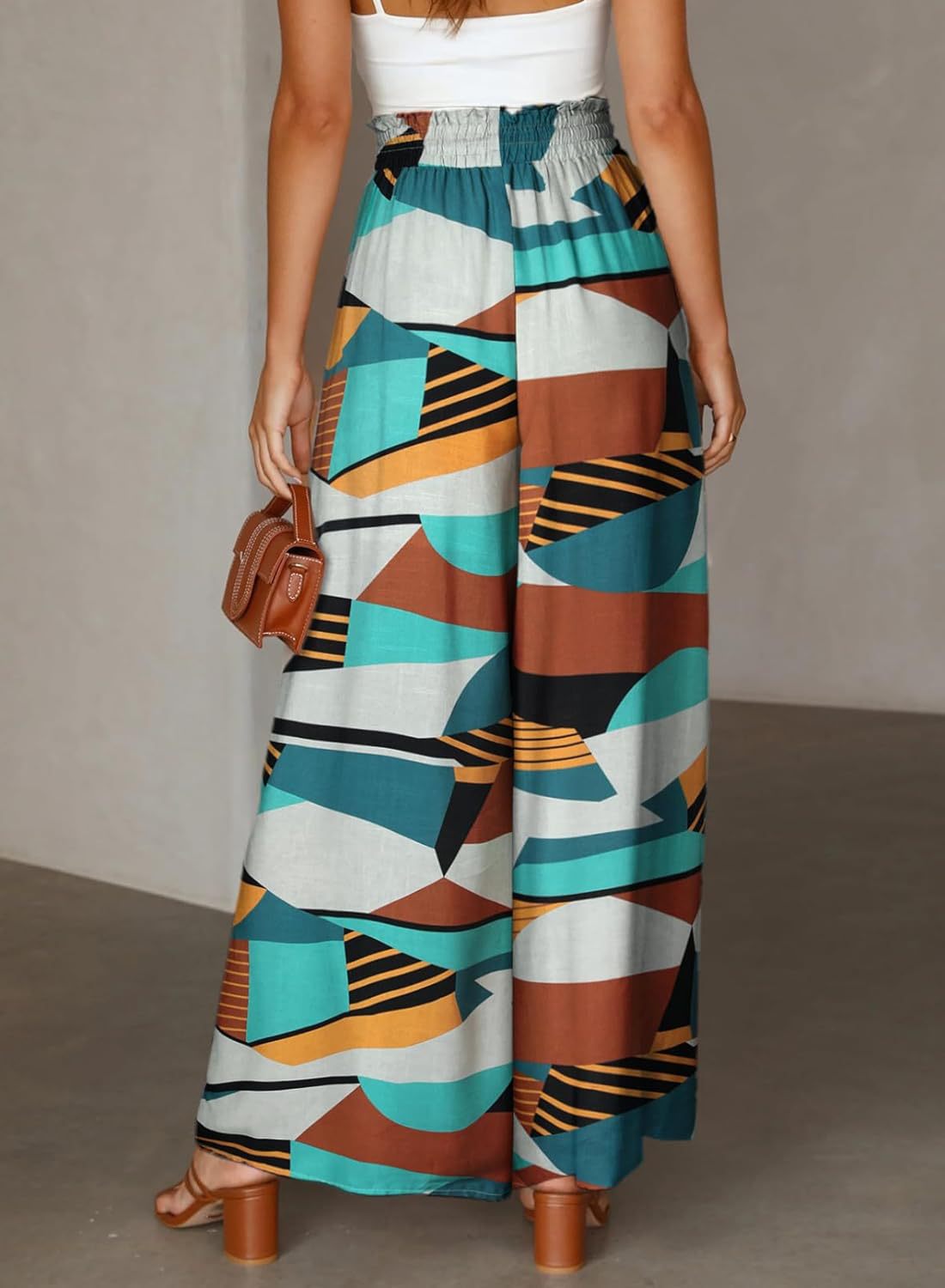 Printed Wide Leg Palazzo Pants With Drawstring - Turquoise - 2