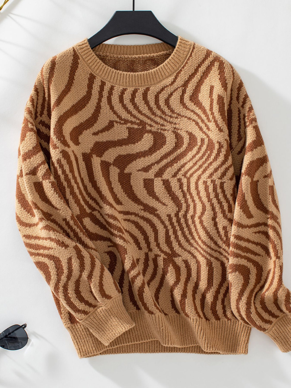 Rippled Zebra Stripe Crewneck Knit Sweater - Brown