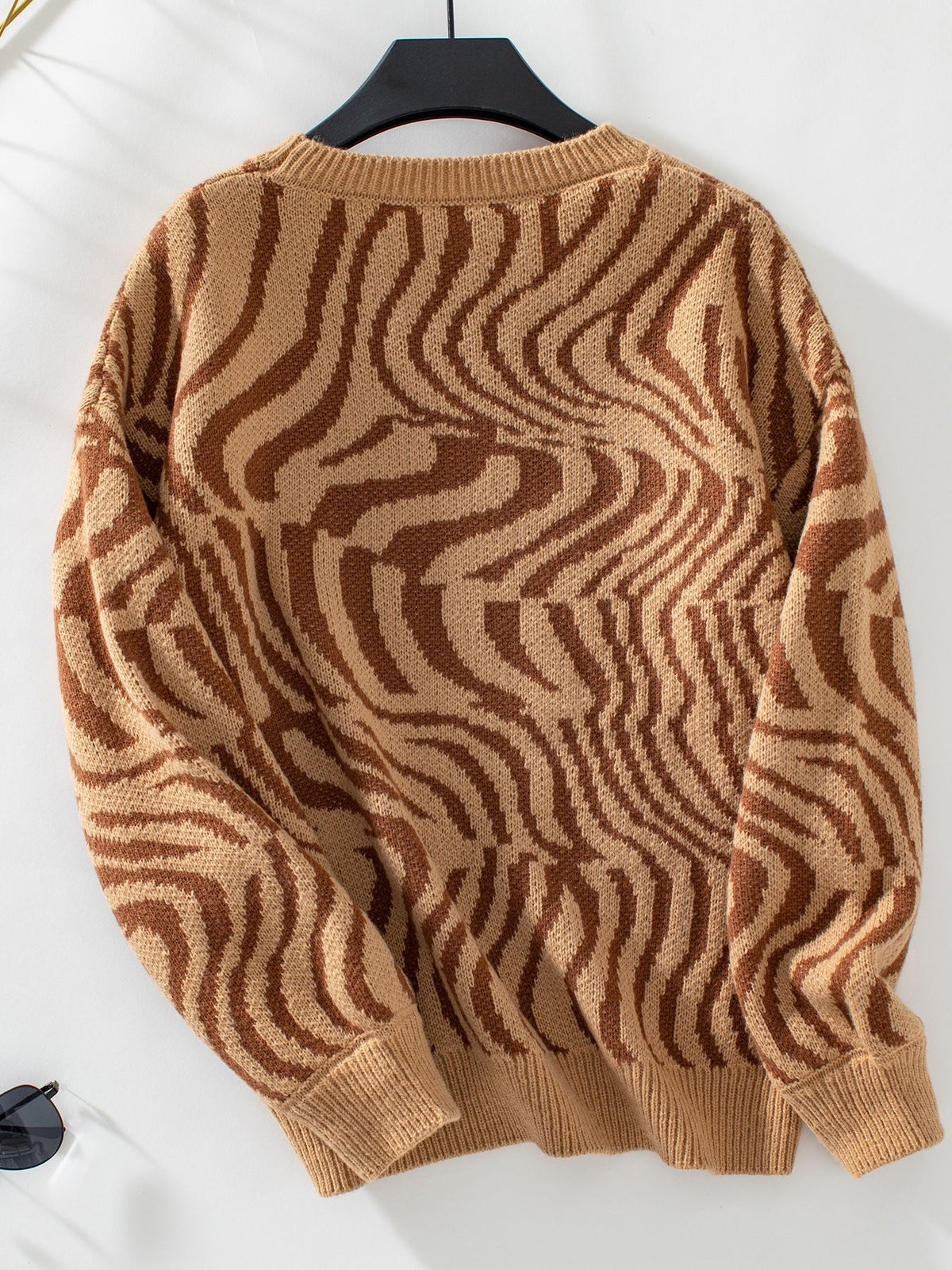 Rippled Zebra Stripe Crewneck Knit Sweater - Brown - 1