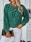 Rippled Zebra Stripe Crewneck Knit Sweater - Green