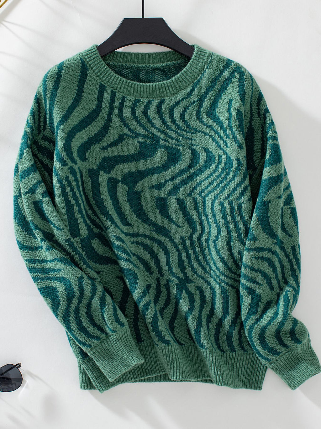 Rippled Zebra Stripe Crewneck Knit Sweater - Green - 1