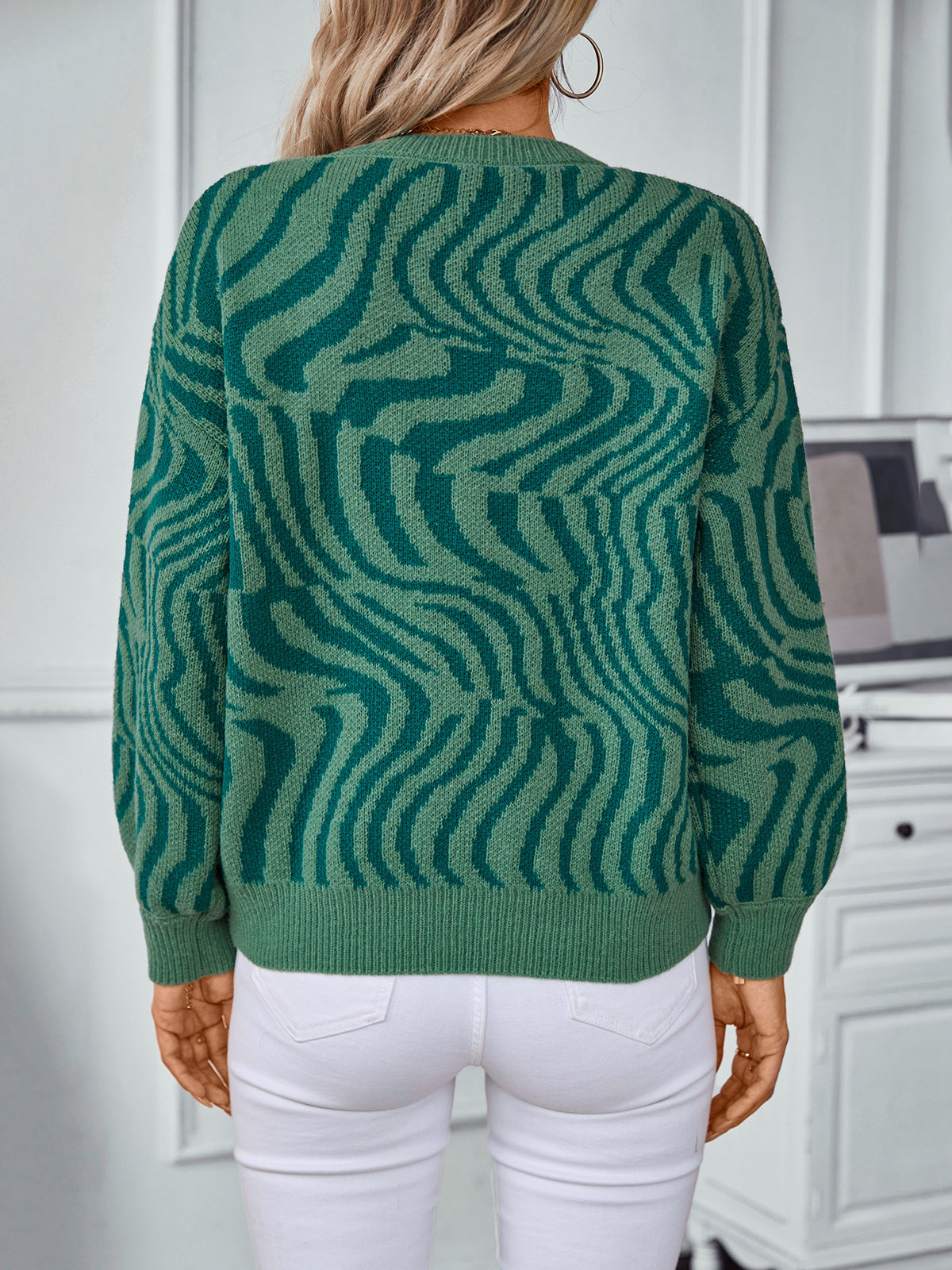 Rippled Zebra Stripe Crewneck Knit Sweater - Green - 4