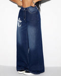 Cross Star Print Baggy Wide Leg Jeans - Dark-Blue