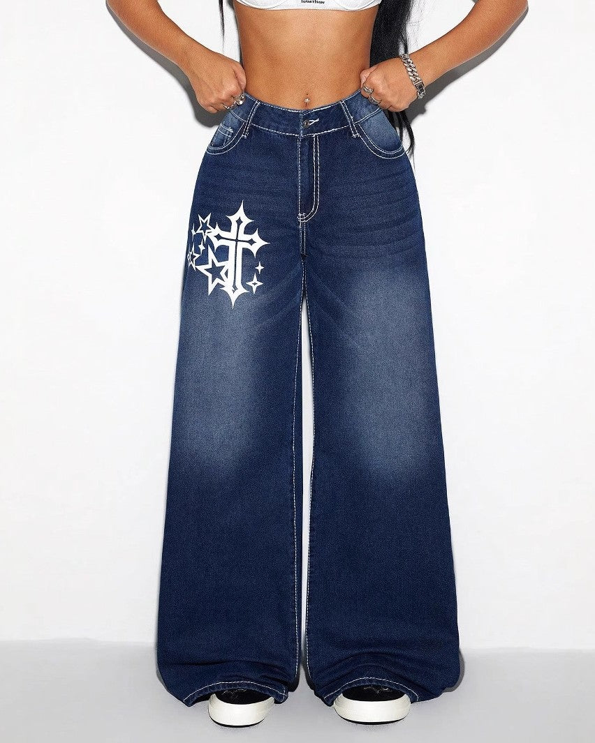 Cross Star Print Baggy Wide Leg Jeans - Dark-Blue - 2