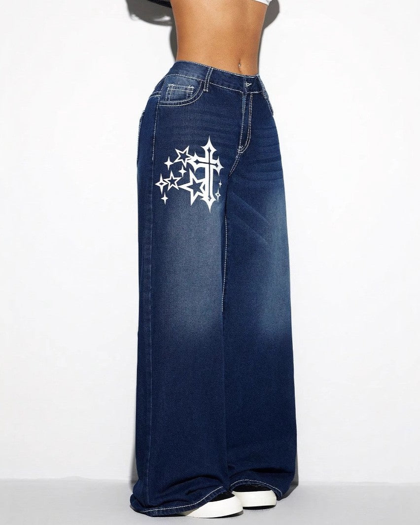 Cross Star Print Baggy Wide Leg Jeans - Dark-Blue - 3