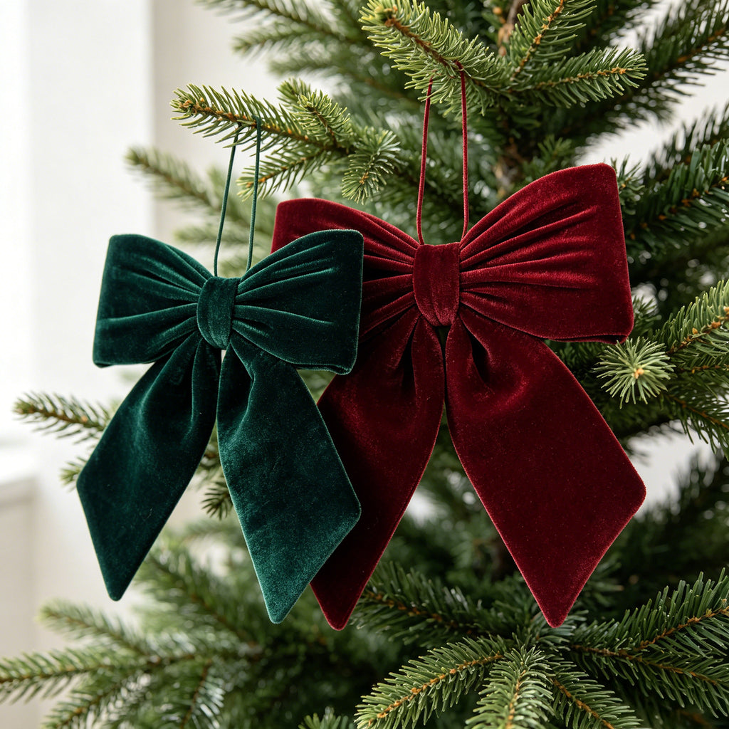 Velvet Hanging Christmas Bow for Tree and Window - Red-L - 2