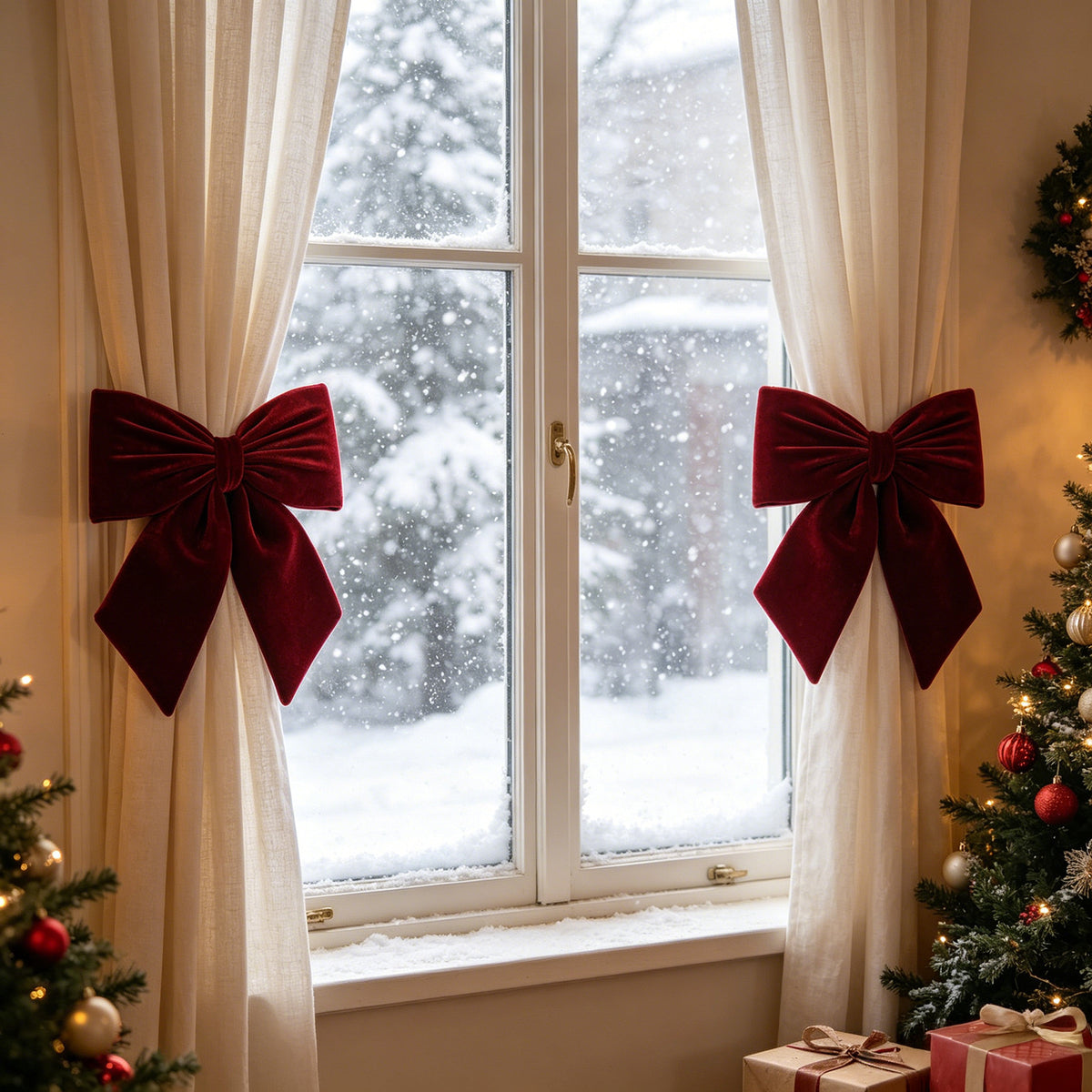 Velvet Hanging Christmas Bow for Tree and Window - Red-L - 3