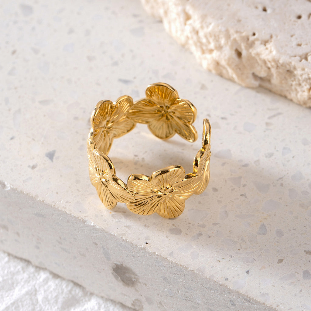 Textured Flower Wide Open Band Ring - Gold - 1