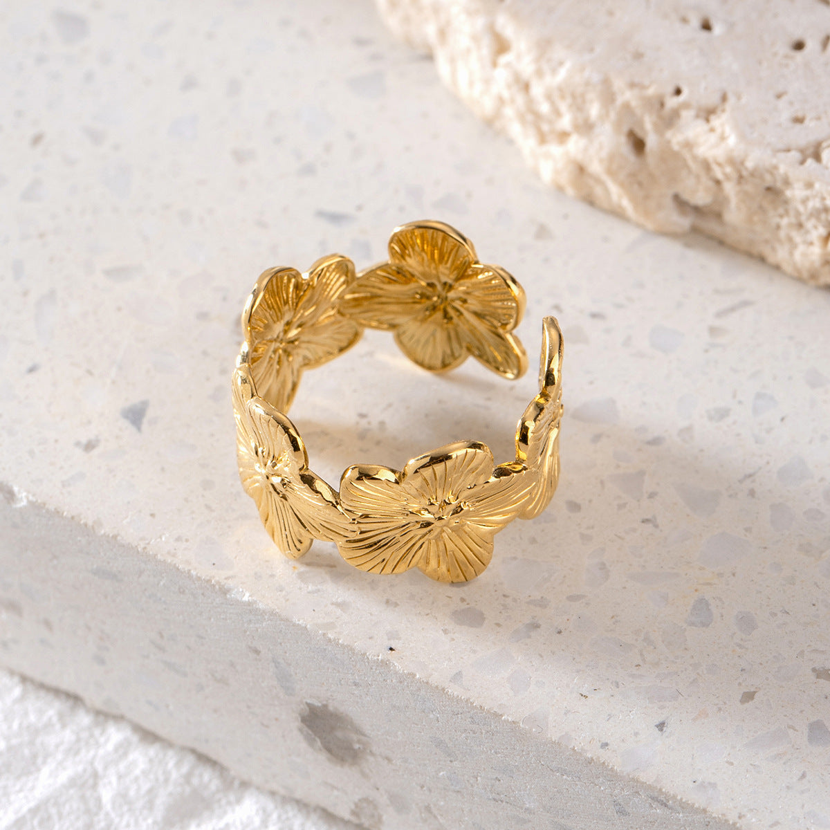 Textured Flower Wide Open Band Ring - Gold - 1