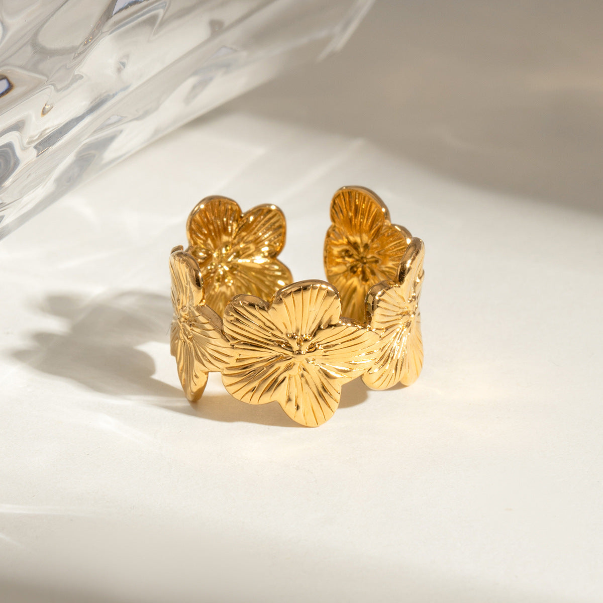 Textured Flower Wide Open Band Ring - Gold - 2