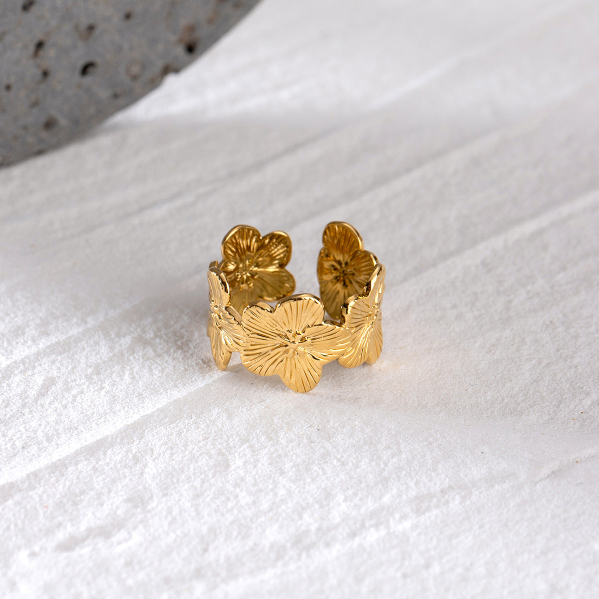 Textured Flower Wide Open Band Ring - Gold - 3