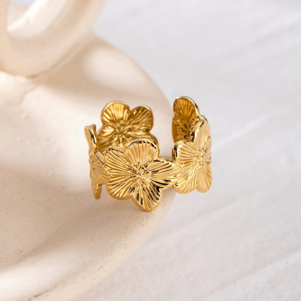 Textured Flower Wide Open Band Ring - Gold - 4