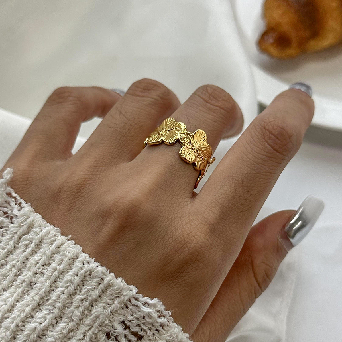 Textured Flower Wide Open Band Ring - view 1