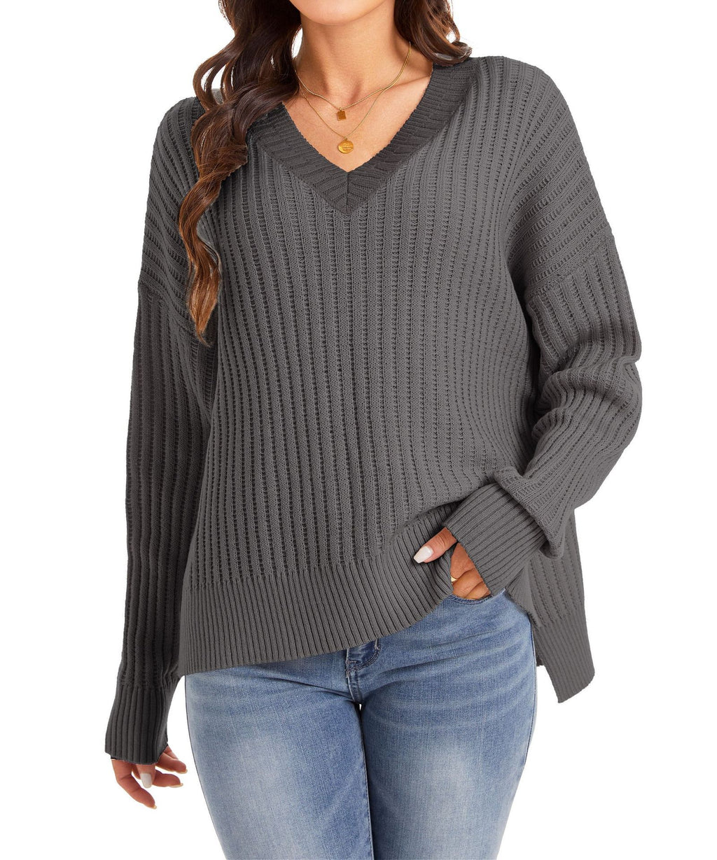 Oversized Ribbed V Neck Drop Shoulder Sweater - DarkGray
