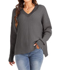 Oversized Ribbed V Neck Drop Shoulder Sweater - DarkGray