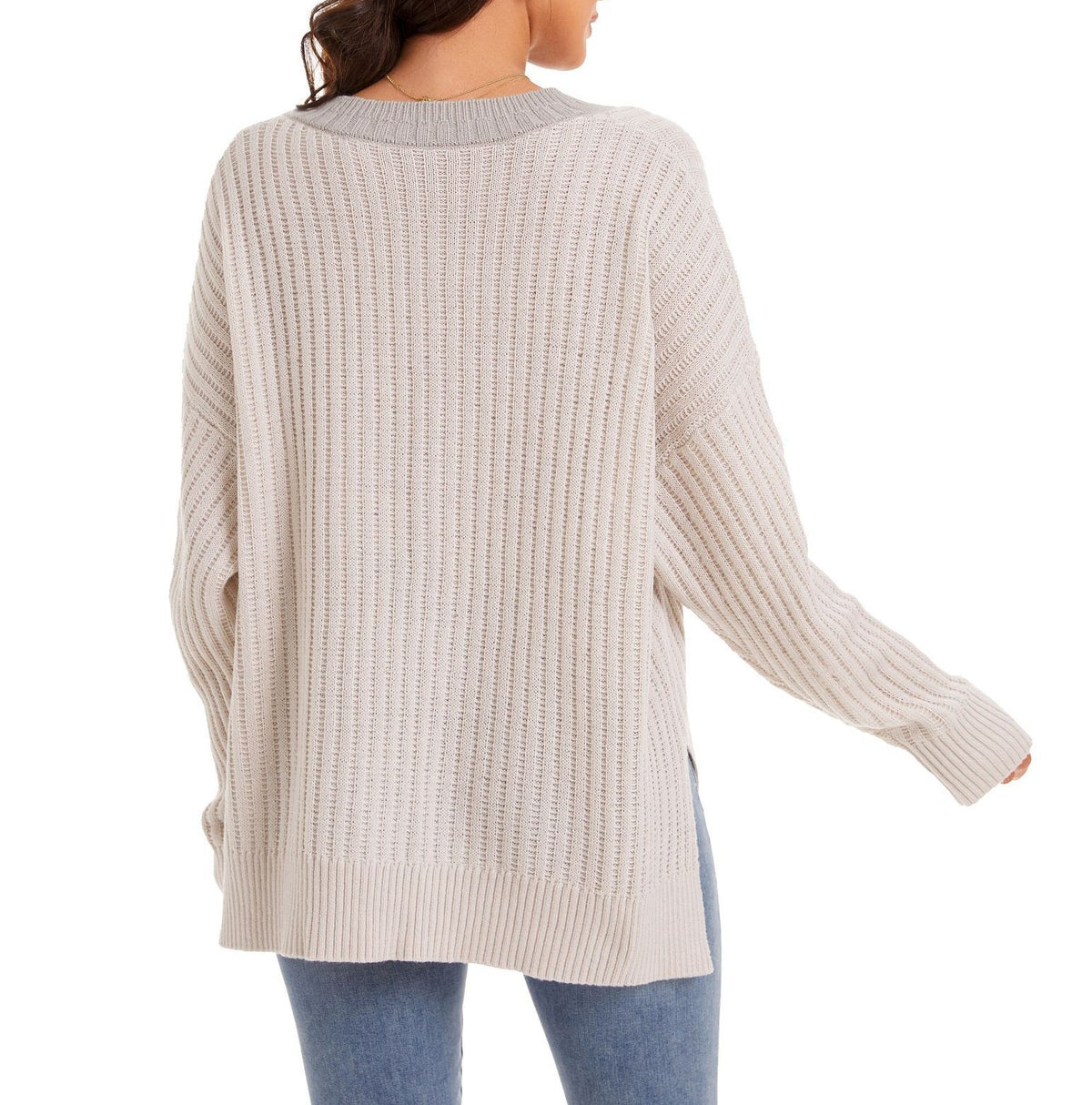 Oversized Ribbed V Neck Drop Shoulder Sweater