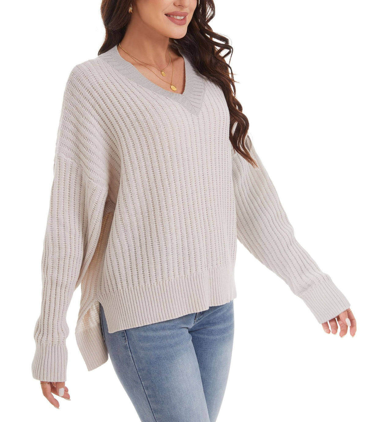 Oversized Ribbed V Neck Drop Shoulder Sweater - view 1