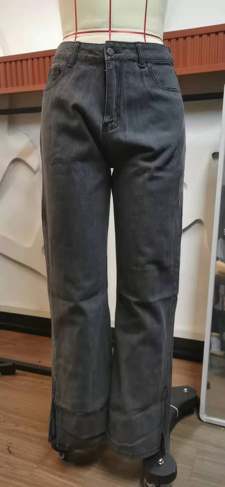 Mid Rise Side Slit Wide Leg Jeans - Black
