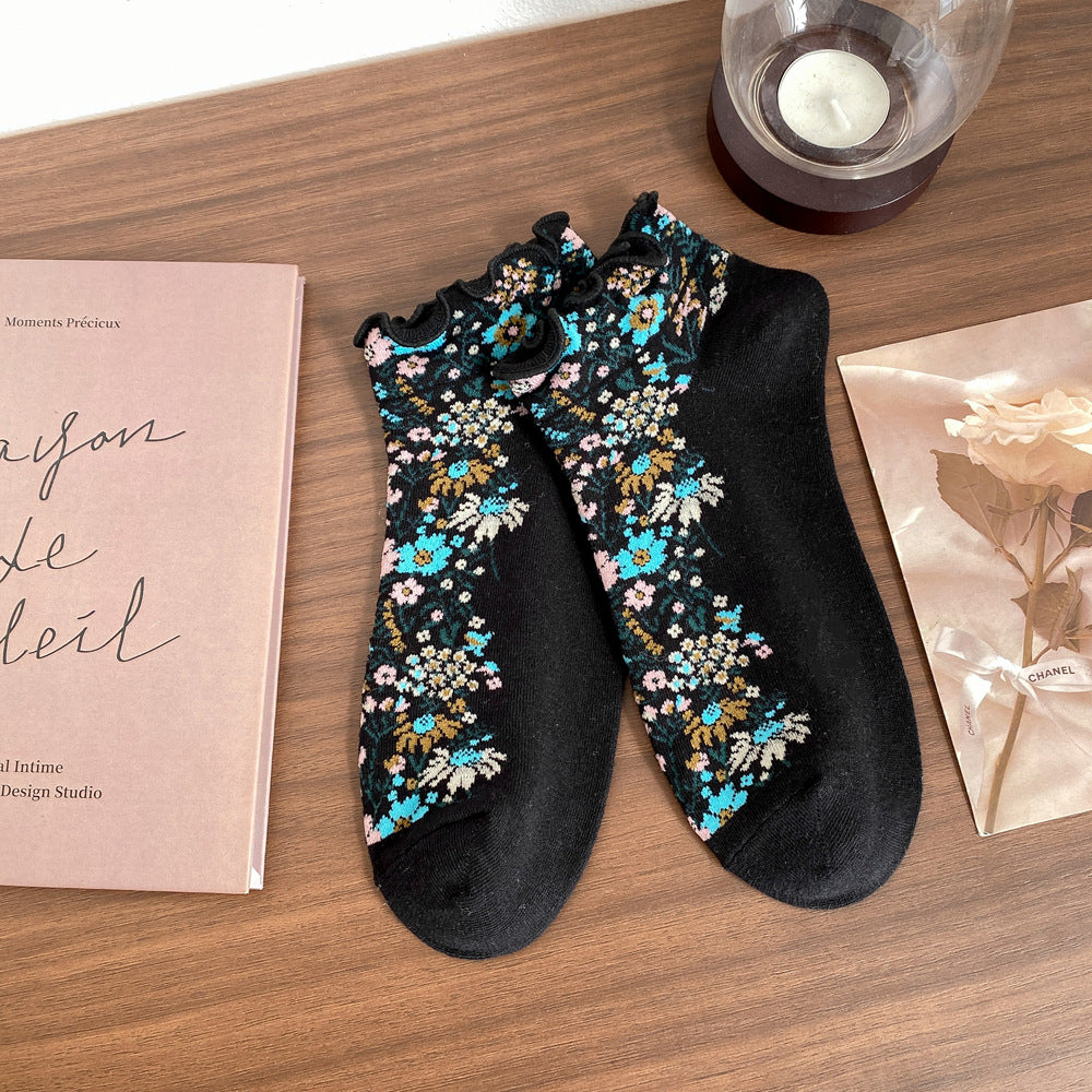 Ruffle Cuff Floral Ankle Socks - Black - 1