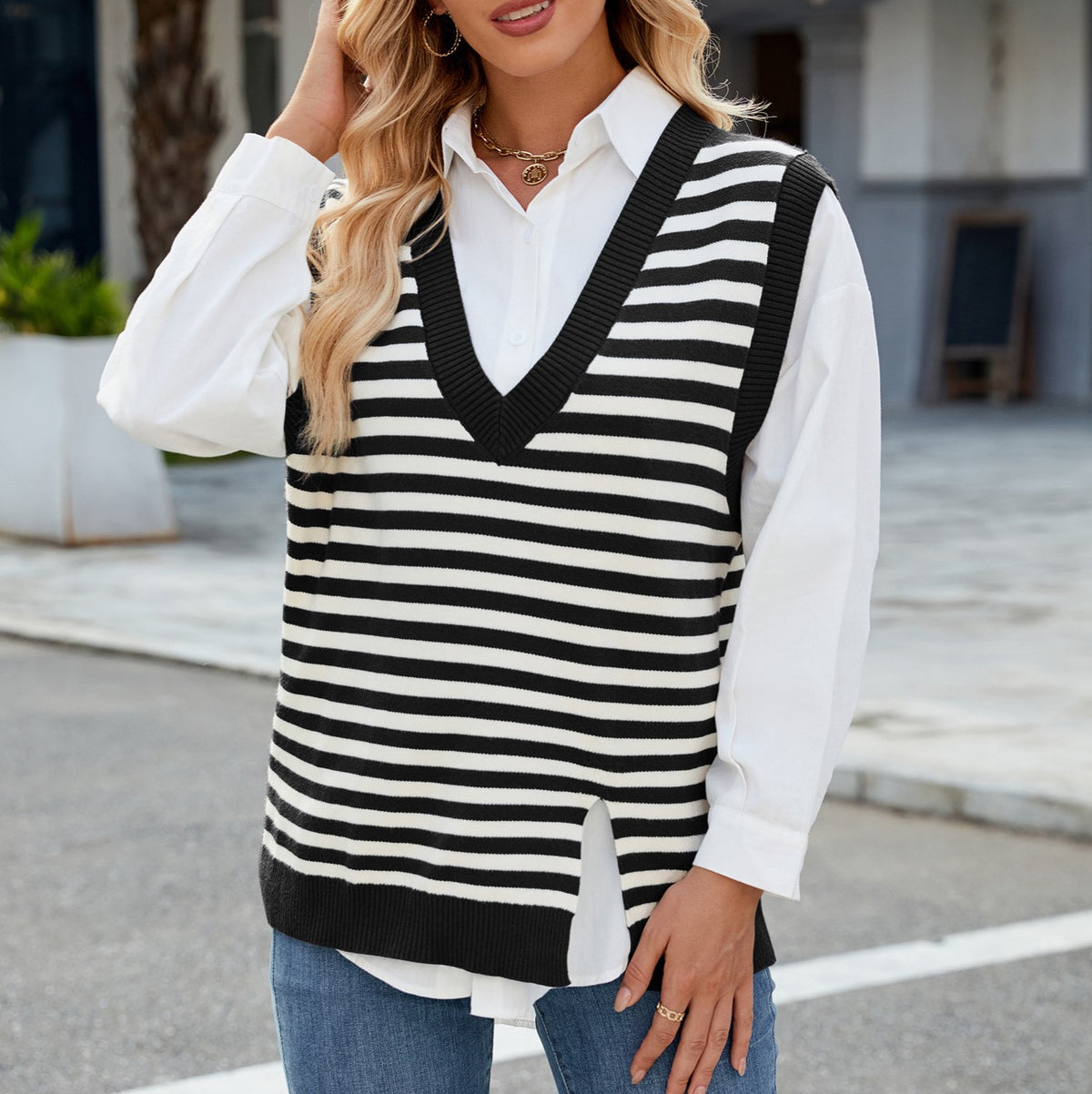 Breton Stripe Contrast Trim Knit Vest - Black