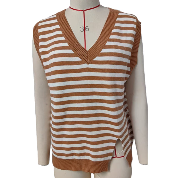 Breton Stripe Contrast Trim Knit Vest - Brown