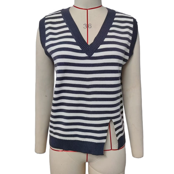 Breton Stripe Contrast Trim Knit Vest - Grey