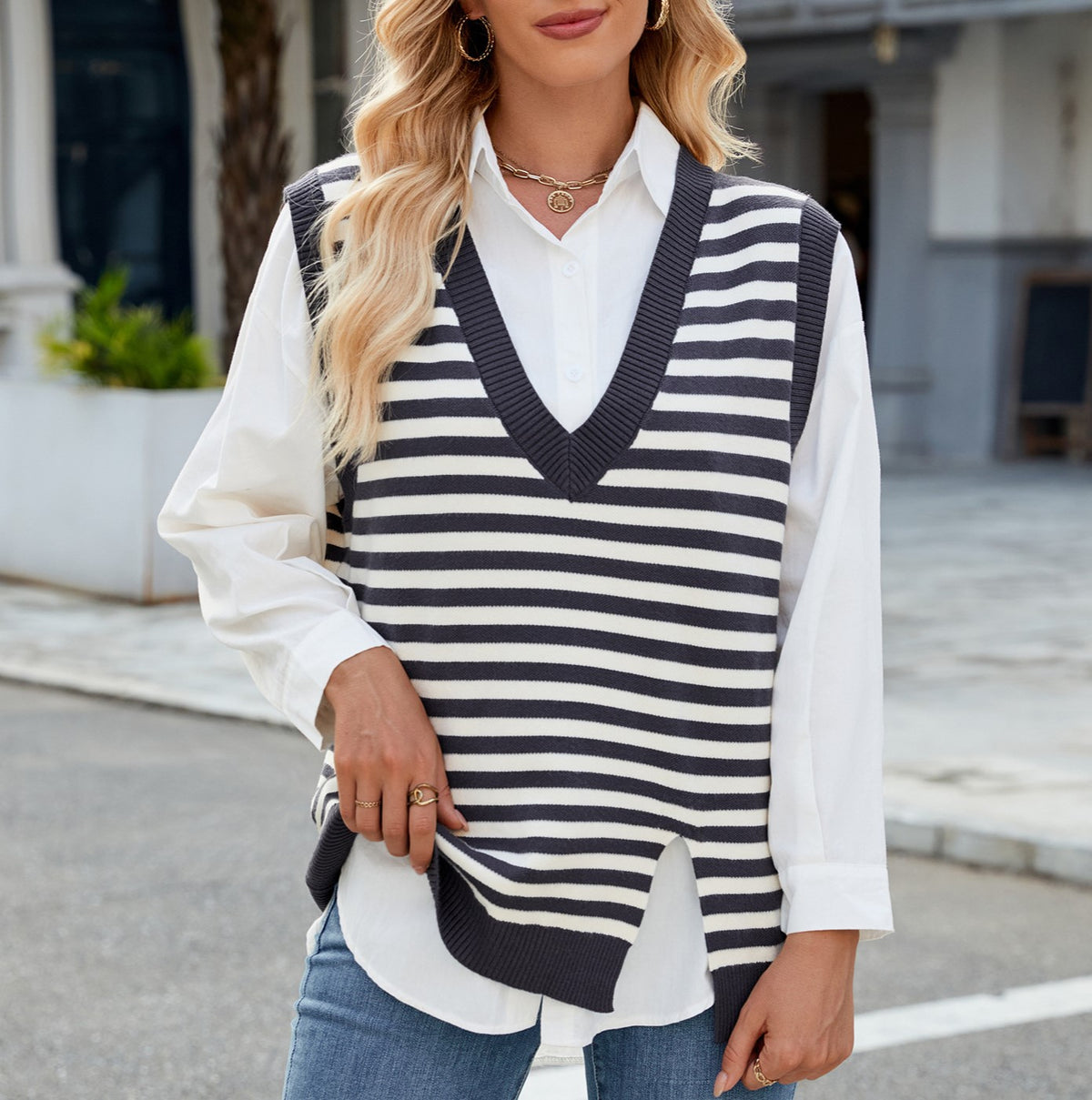 Breton Stripe Contrast Trim Knit Vest