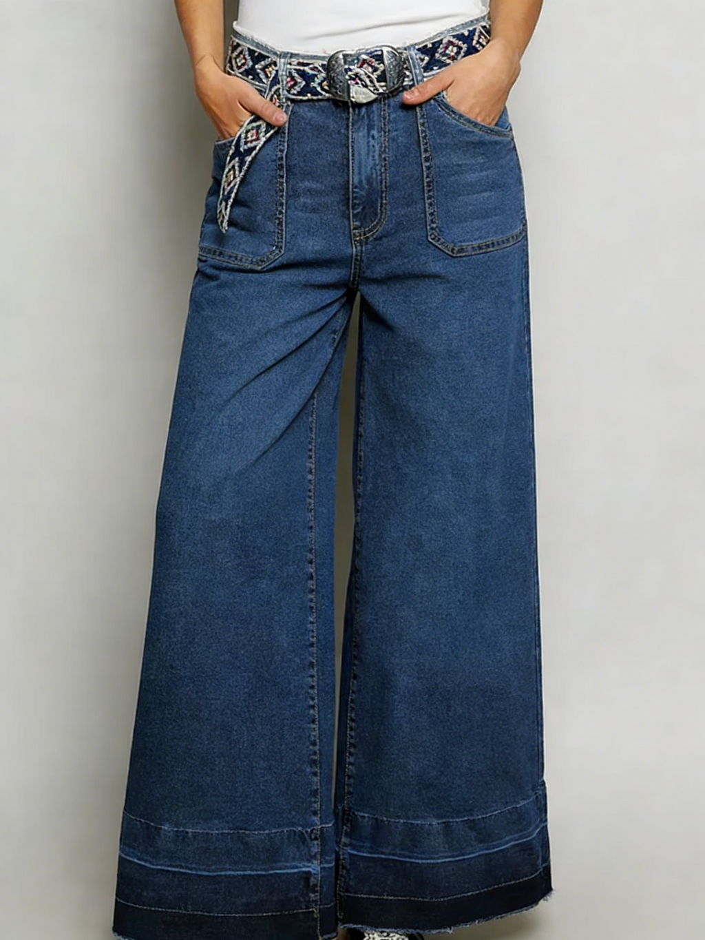 High Rise Wide Leg Released Hem Jeans - DarkBlue