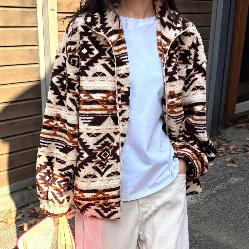 Southwestern Geo Print Sherpa Zip Jacket - Coffee