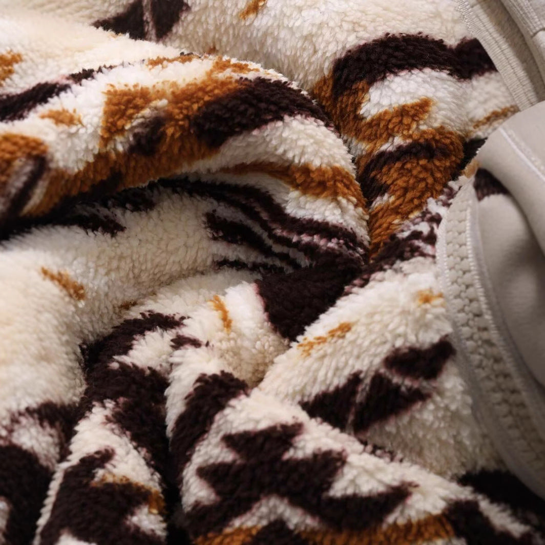Southwestern Geo Print Sherpa Zip Jacket - Coffee - 1