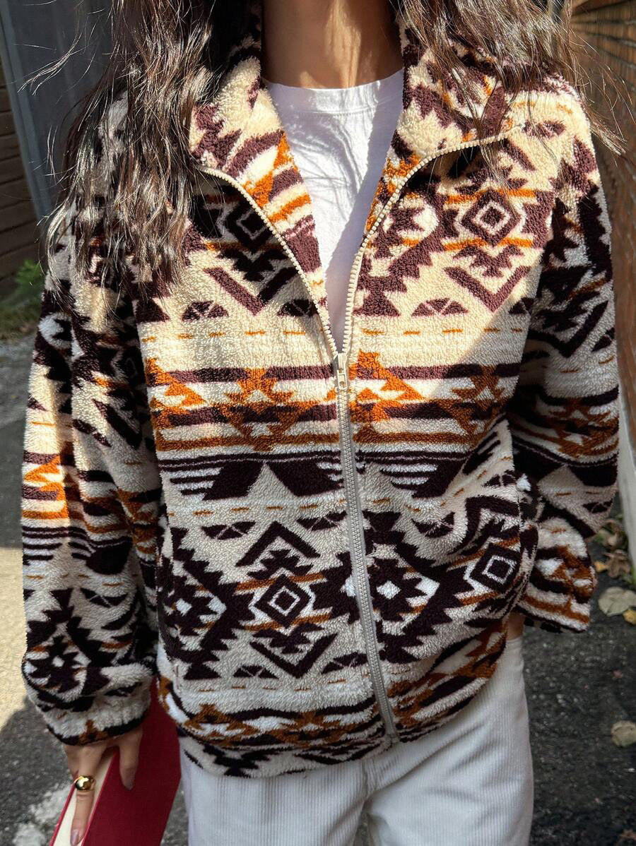 Southwestern Geo Print Sherpa Zip Jacket - Coffee - 2