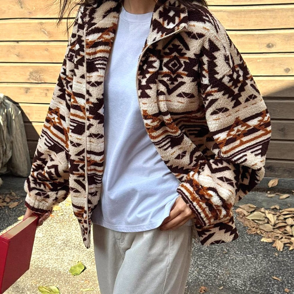 Southwestern Geo Print Sherpa Zip Jacket - Coffee - 3