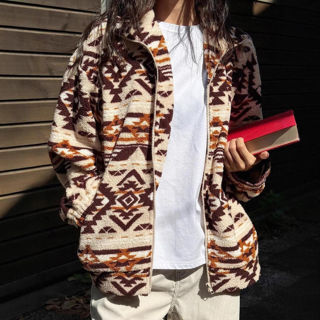 Southwestern Geo Print Sherpa Zip Jacket - Coffee - 4