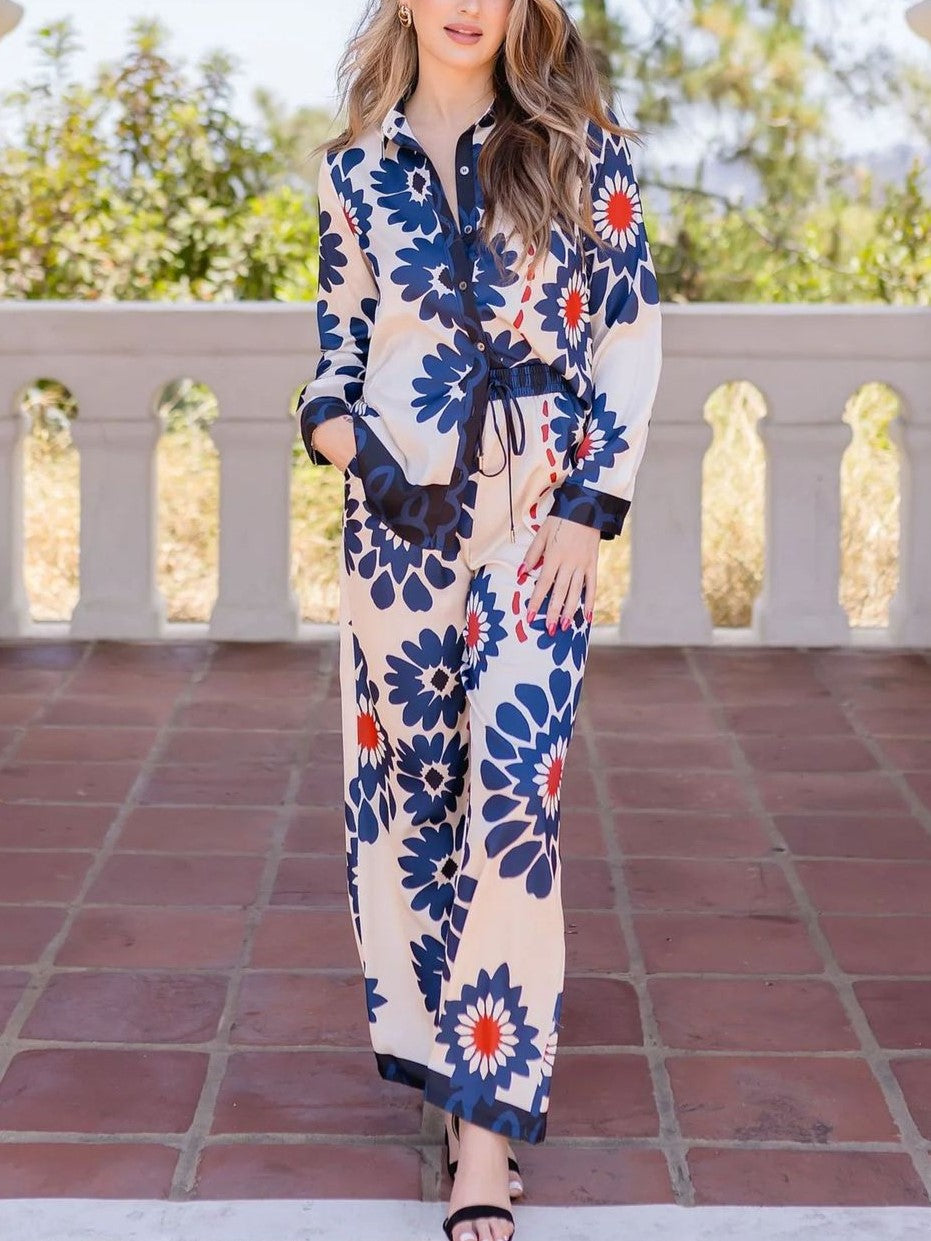 Bold Floral Shirt and Wide Leg Trouser Set - Blue
