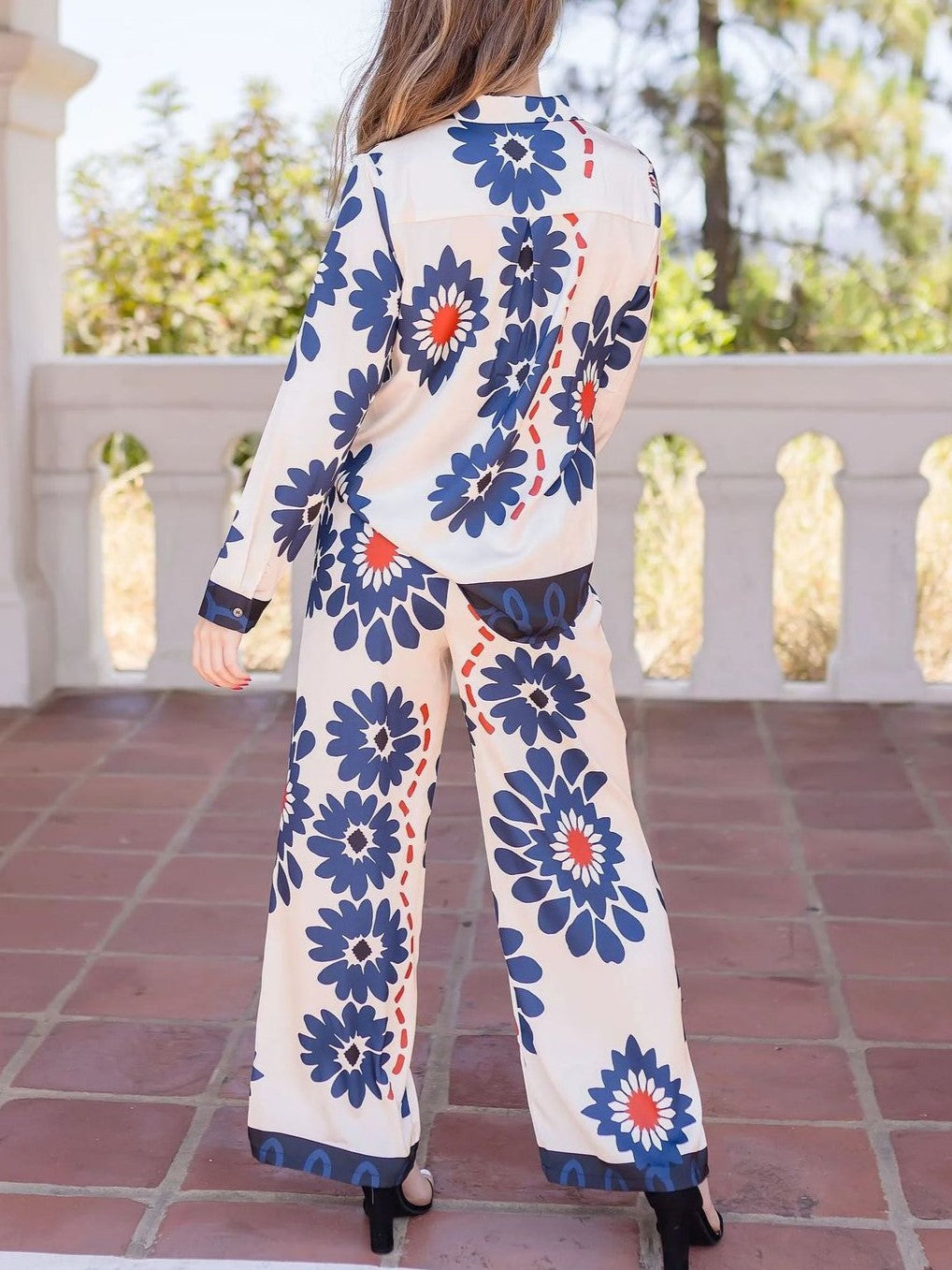 Bold Floral Shirt and Wide Leg Trouser Set - Blue - 1