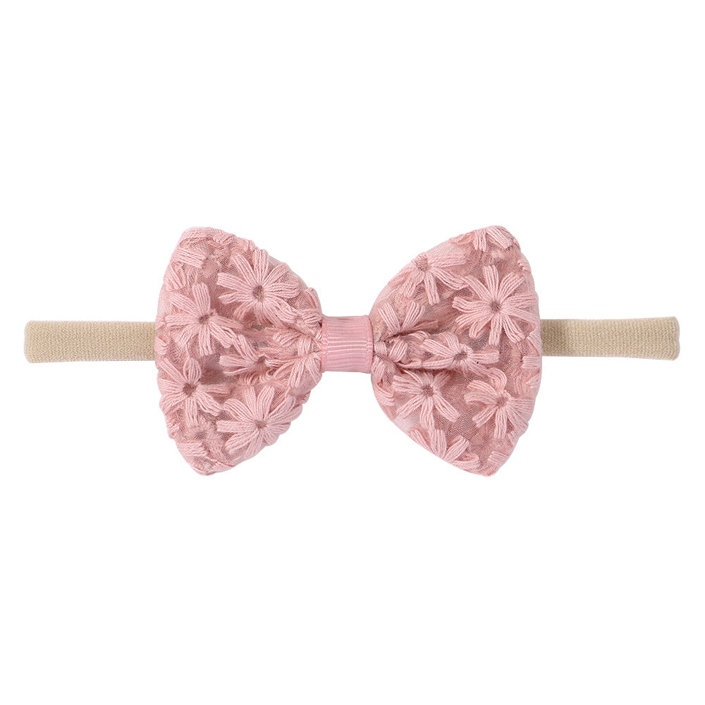 Floral Lace Bow Baby Nylon Headband - Pink